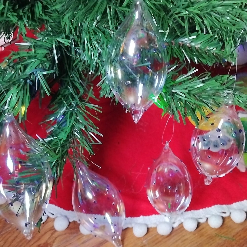 5 Hard Plastic or Glass Drop Christmas Ornaments with Blue protruding dots.